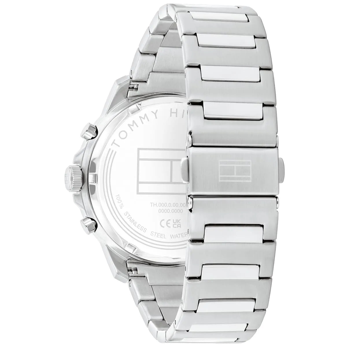Case back view of Tommy Hilfiger Henry watch showing stainless steel band links and engravings