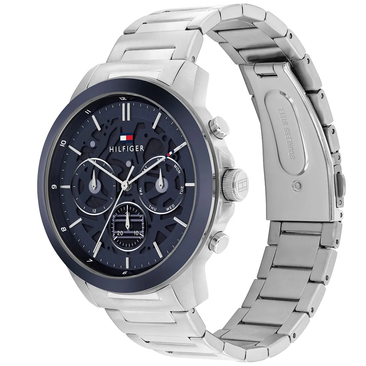 Tommy Hilfiger Henry watch shown from angle with navy dial and stainless steel metal bracelet