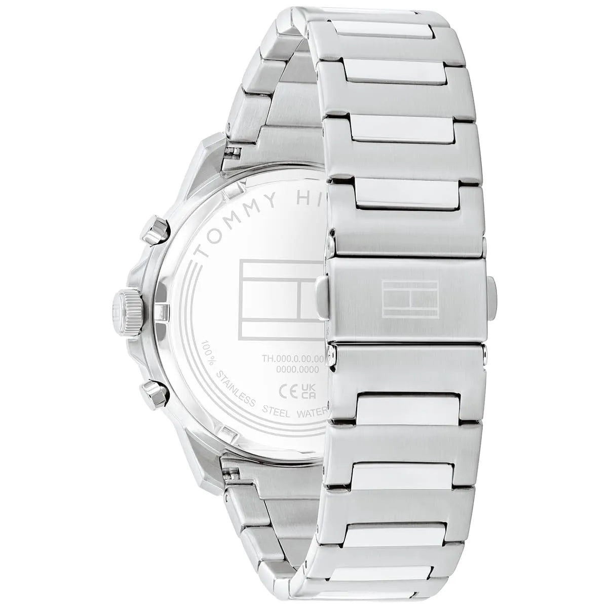 Tommy Hilfiger Henry watch caseback showing stainless steel metal bracelet and watch specifications