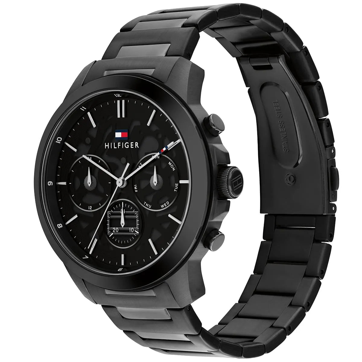 Tommy Hilfiger black chronograph watch displayed at angle showing case and metal bracelet