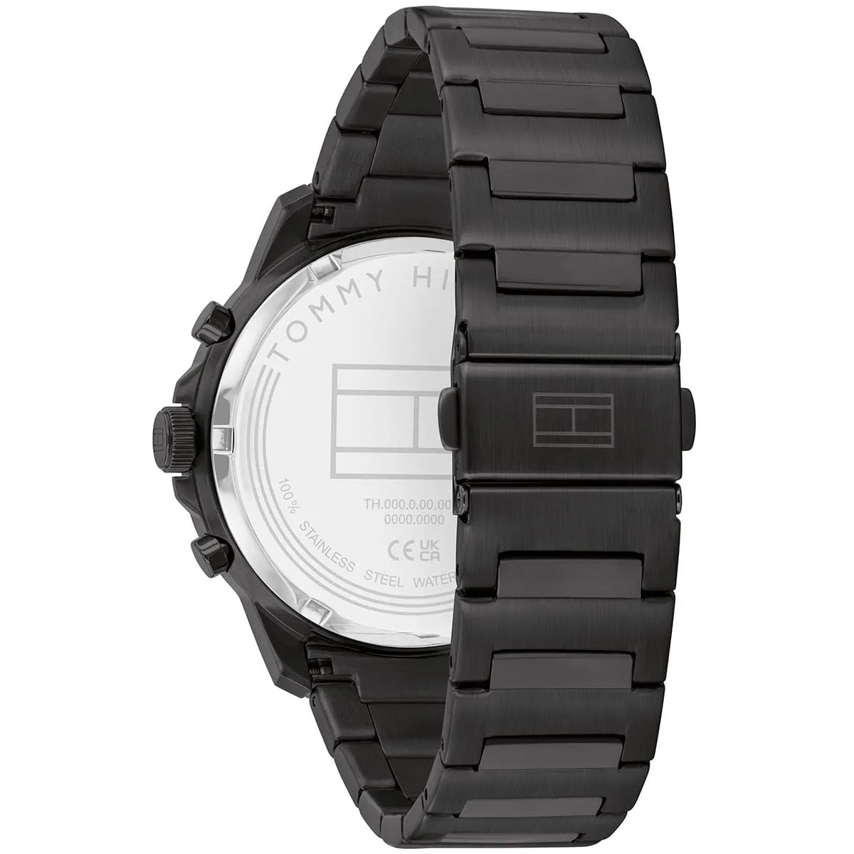 Tommy Hilfiger watch caseback showing steel construction and model details