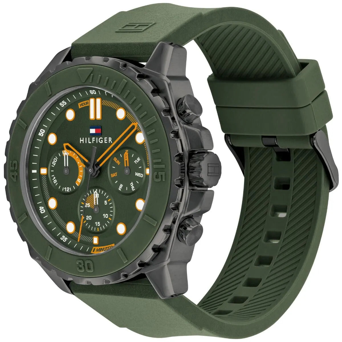 Tommy Hilfiger Morgan watch showing case, green dial, and green silicon strap from angle view