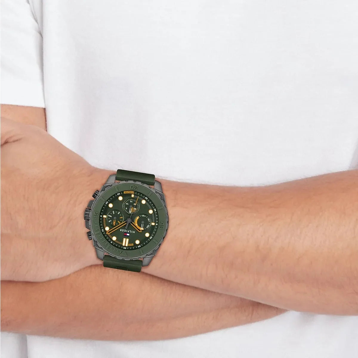 Tommy Hilfiger Morgan green chronograph watch worn on wrist