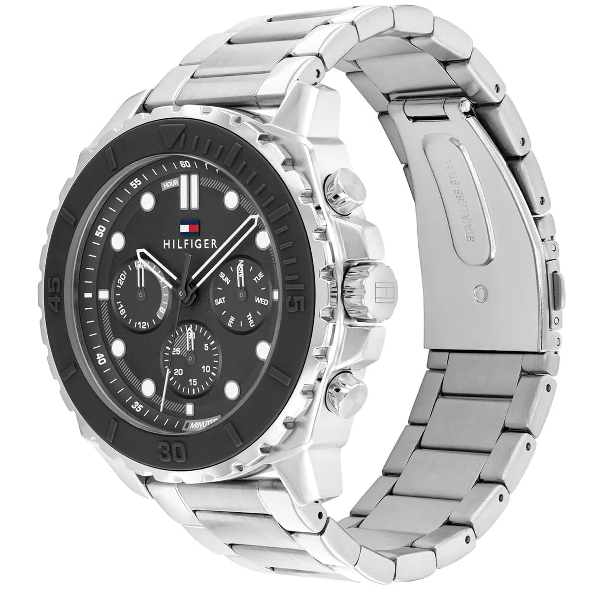 Side view of Tommy Hilfiger chronograph watch with stainless steel bracelet