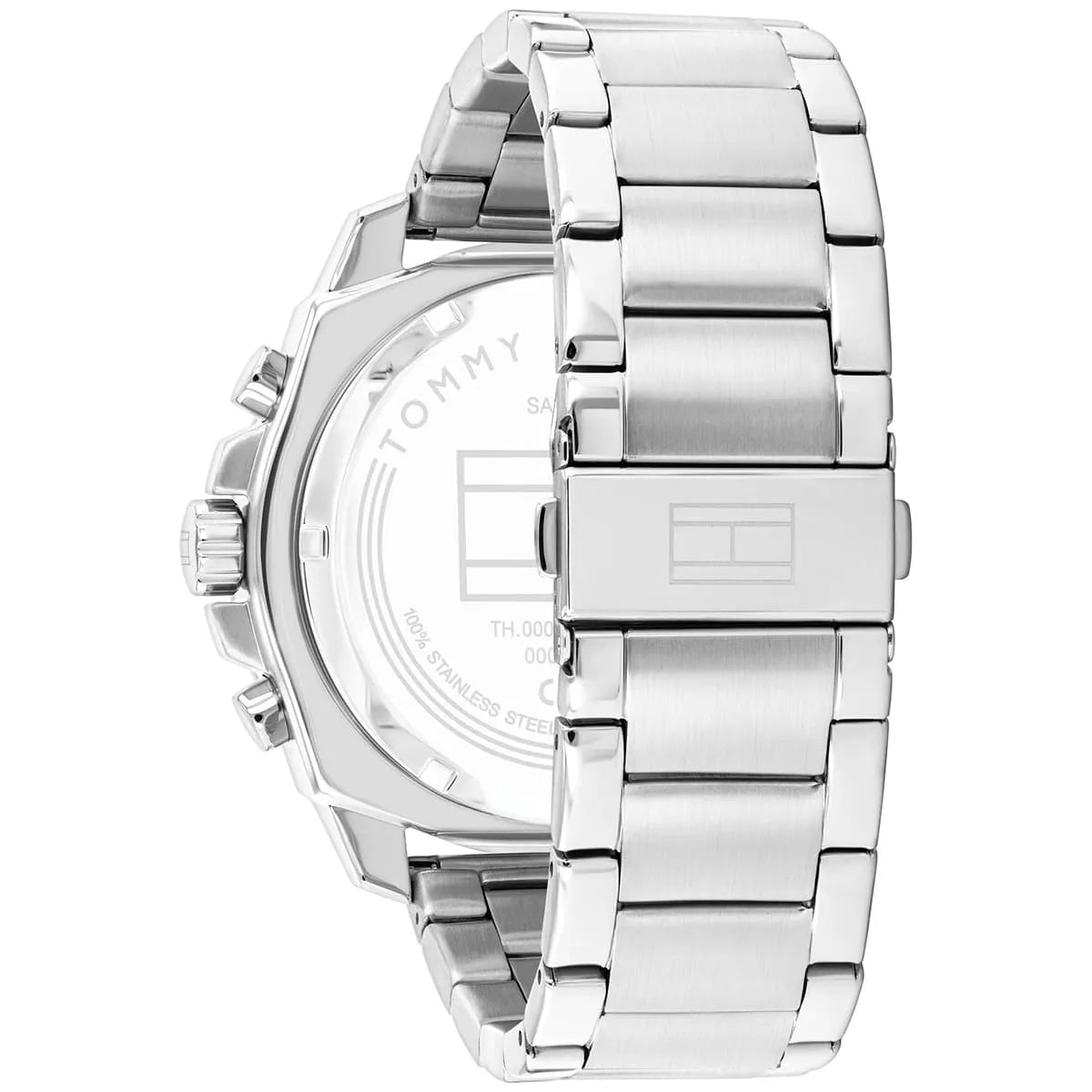 Caseback view of Tommy Hilfiger watch showing stainless steel bracelet