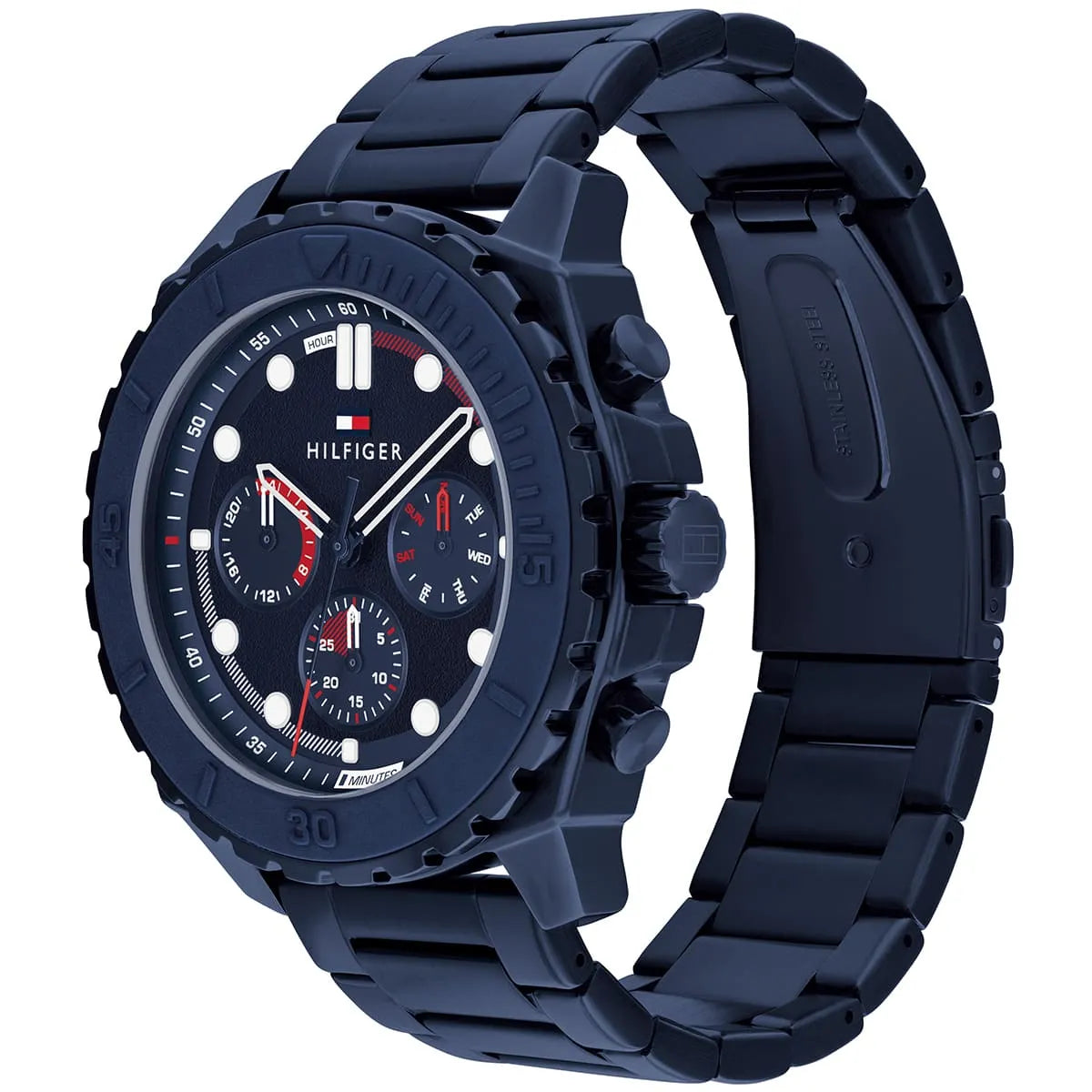 Tommy Hilfiger Morgan navy chronograph watch shown at angle with stainless steel bracelet
