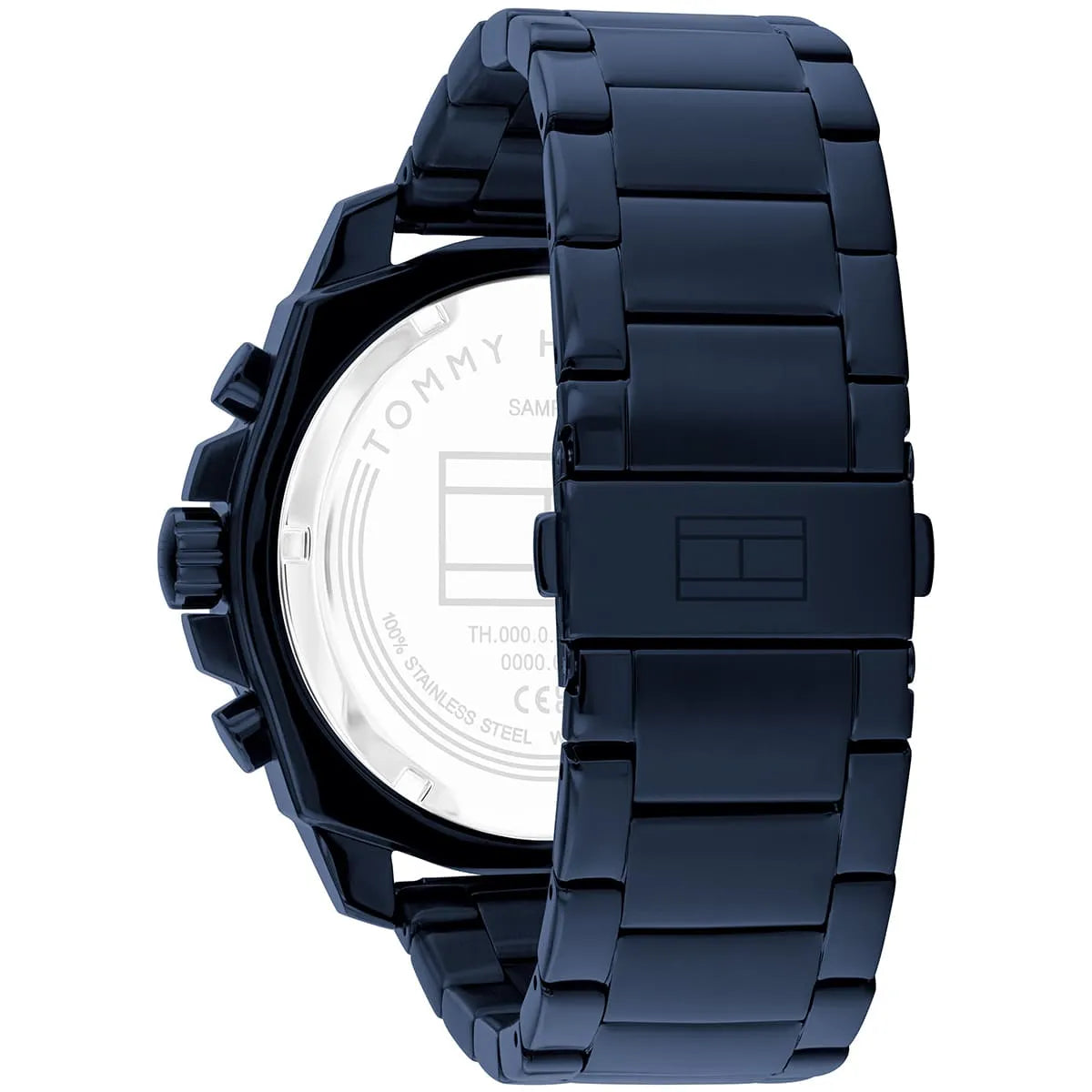 Tommy Hilfiger Morgan navy watch caseback showing stainless steel bracelet attachment