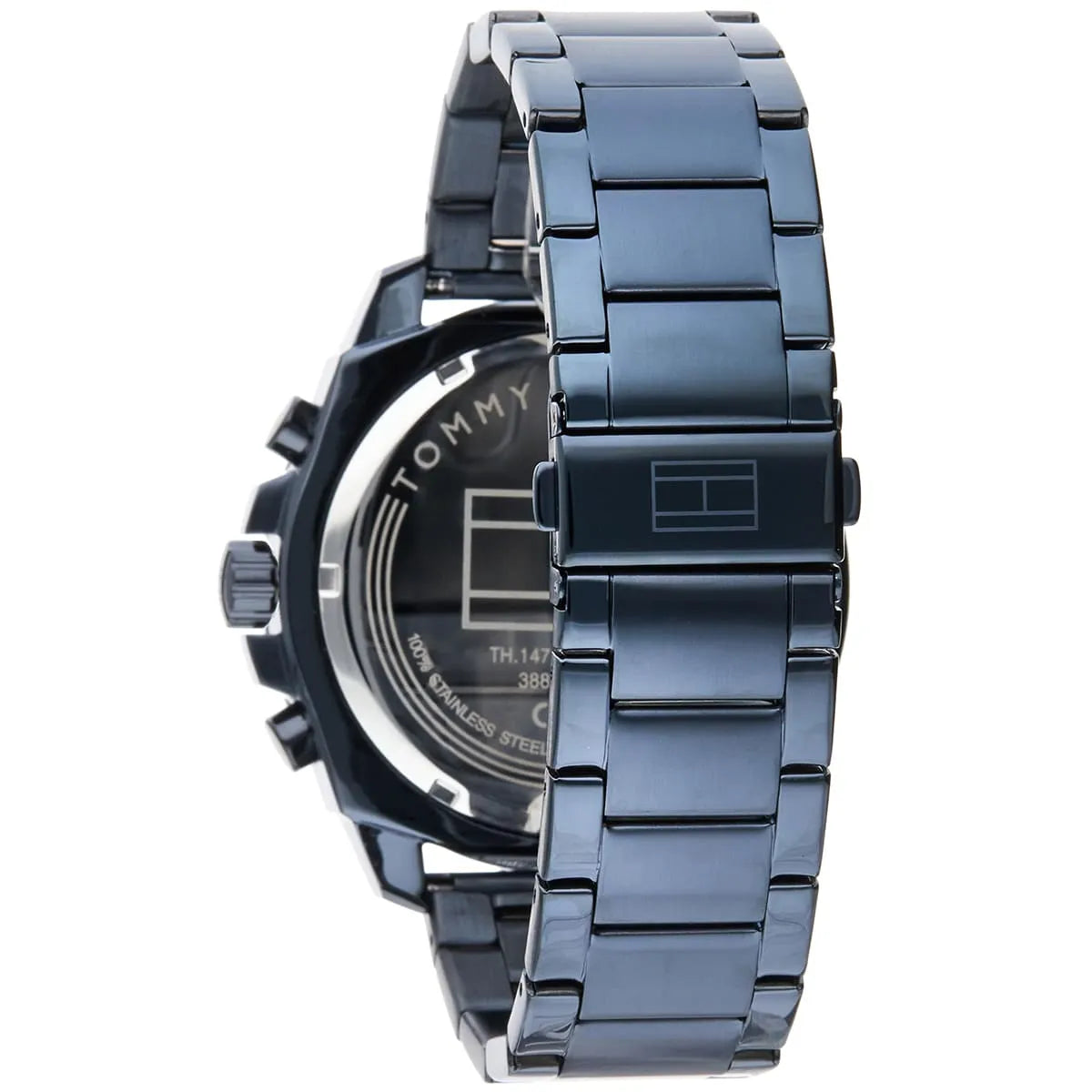 Tommy Hilfiger Morgan navy stainless steel bracelet watch detailed side view of case