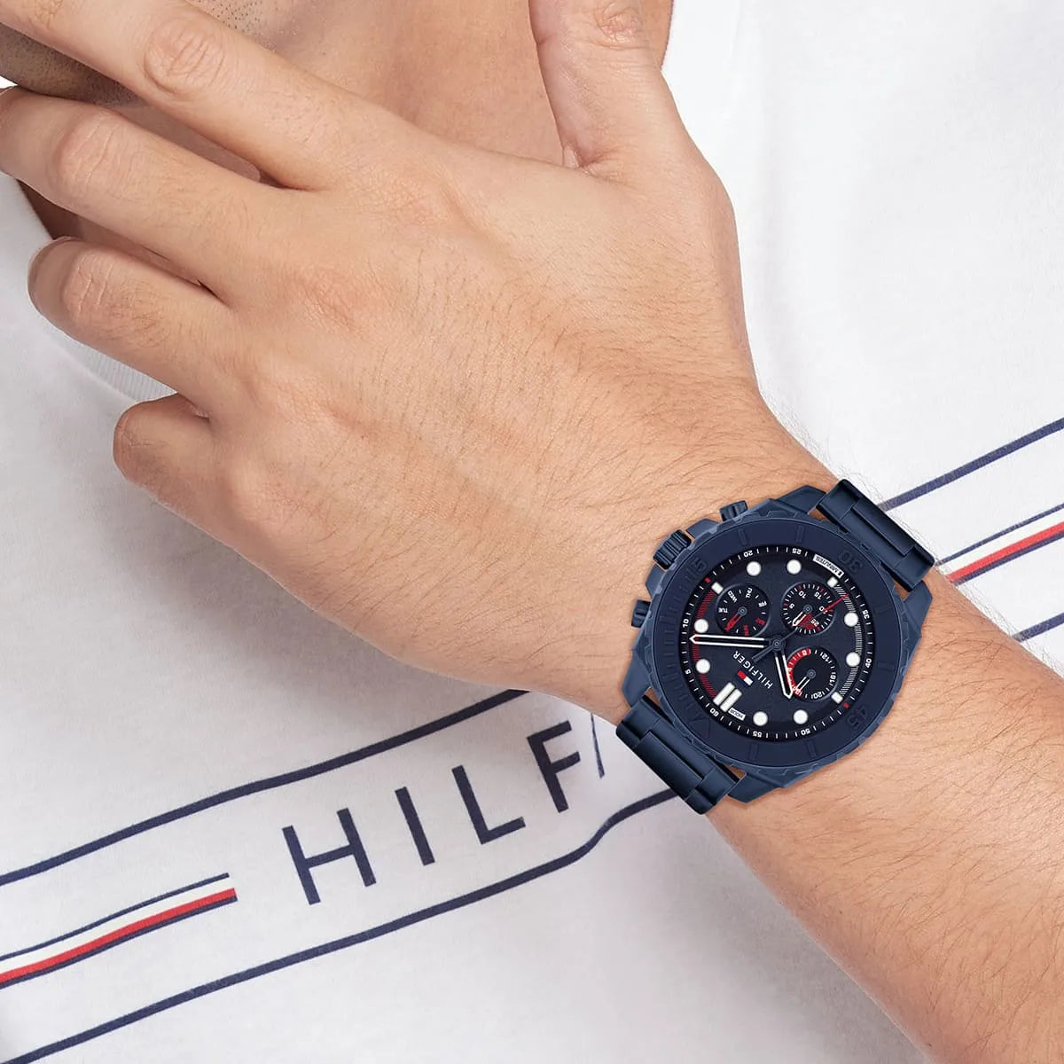 Tommy Hilfiger Morgan navy chronograph watch worn on male wrist