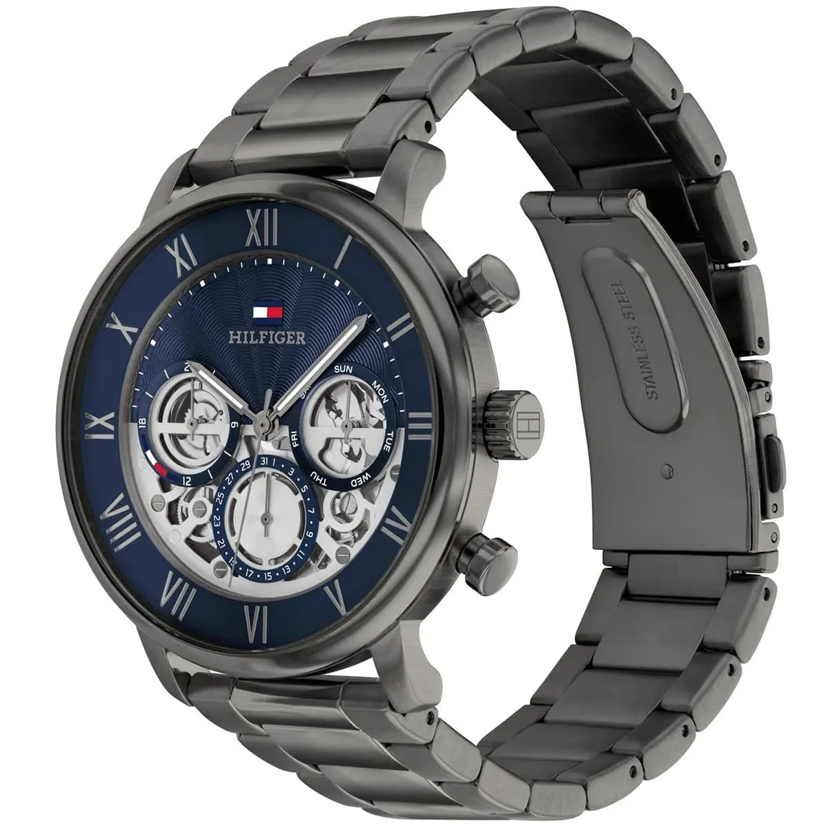 Tommy Hilfiger Legend watch shown at side angle with stainless steel bracelet and navy chronograph dial