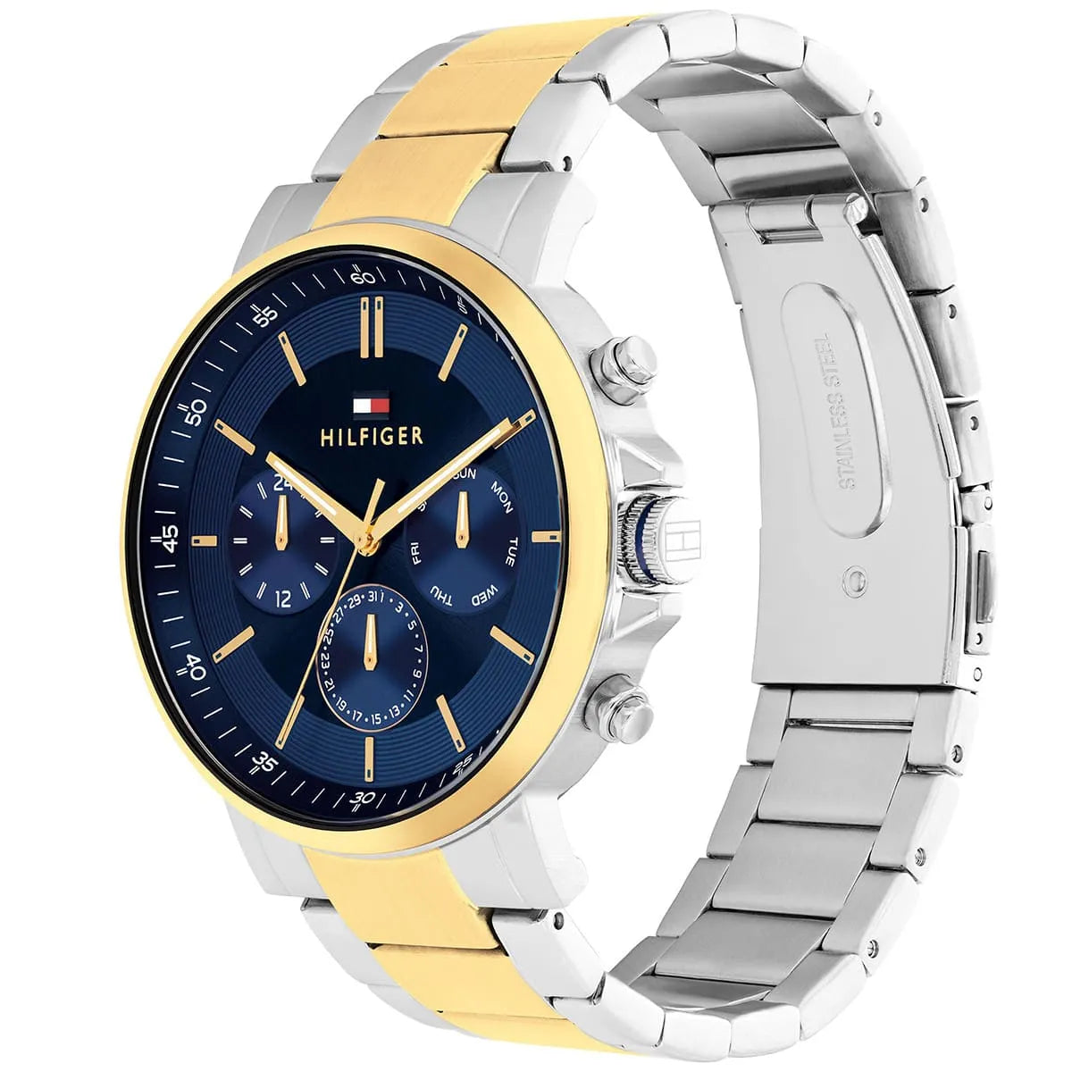 Tommy Hilfiger Tyson chronograph with two-tone metal bracelet and blue dial, side view
