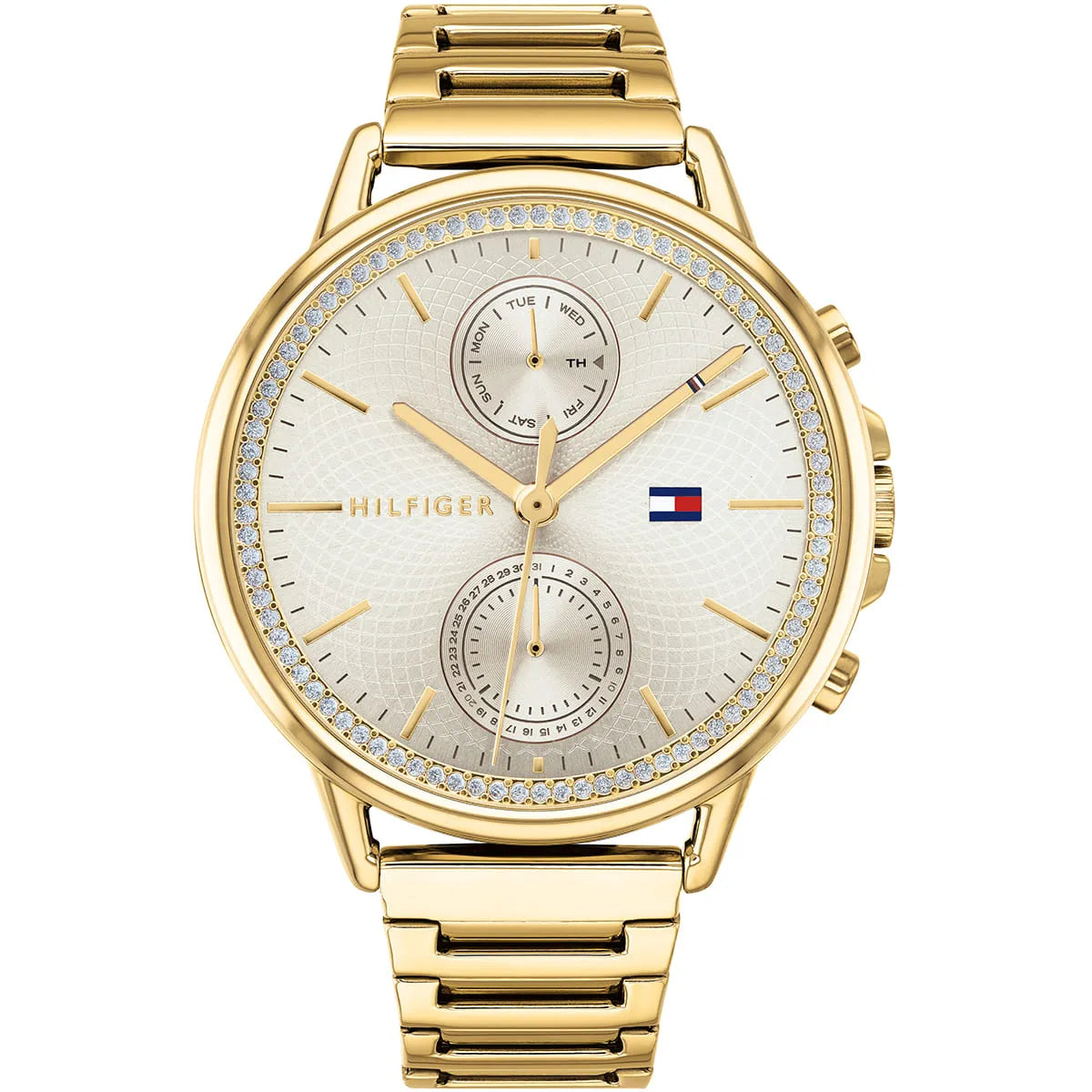 Tommy Hilfiger women's watch with silver dial, gold strap, crystals, and dual subdials