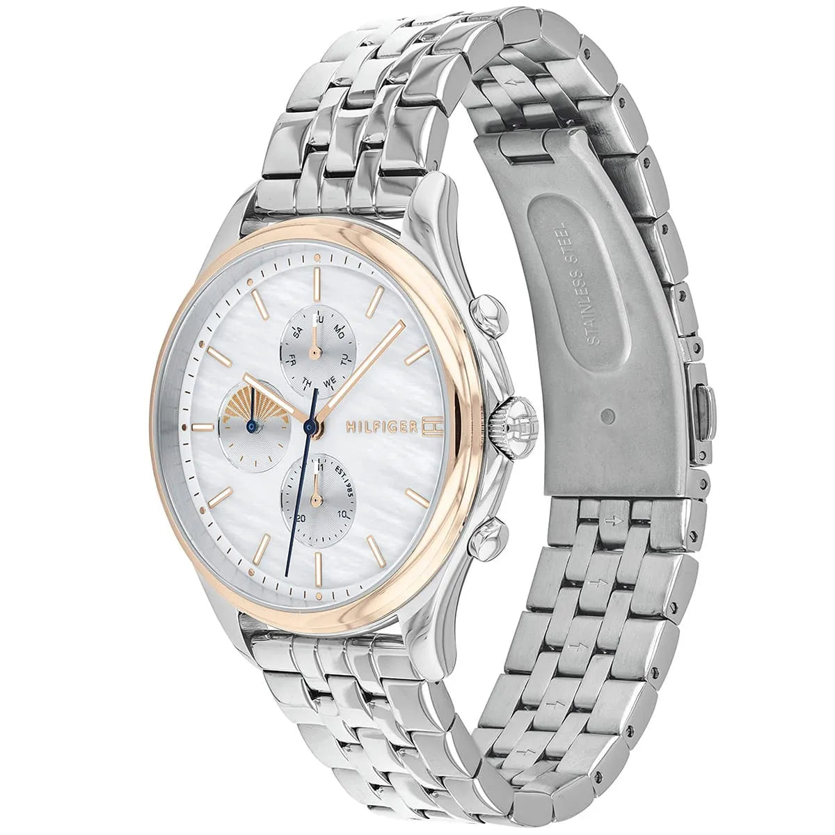 Tommy Hilfiger Whitney watch shown from side angle with silver bracelet and rose gold bezel