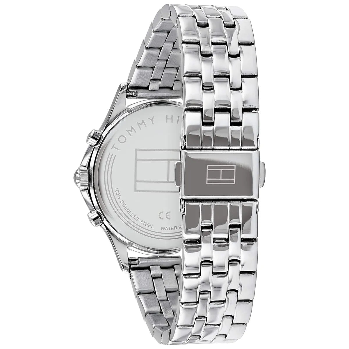 Tommy Hilfiger Whitney watch side view displaying chronograph pushers and bracelet construction
