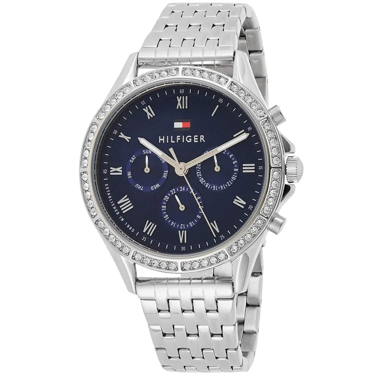 Side view of Tommy Hilfiger women's chronograph watch with blue dial and metal bracelet