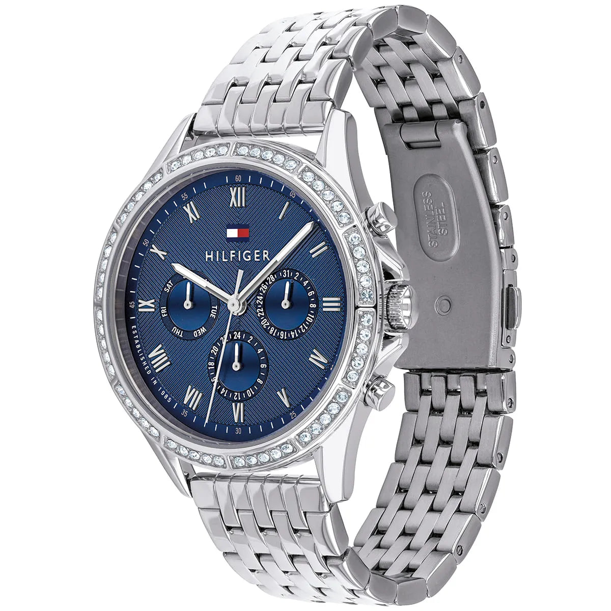 Side profile of Tommy Hilfiger women's watch with crystal-set bezel and metal bracelet