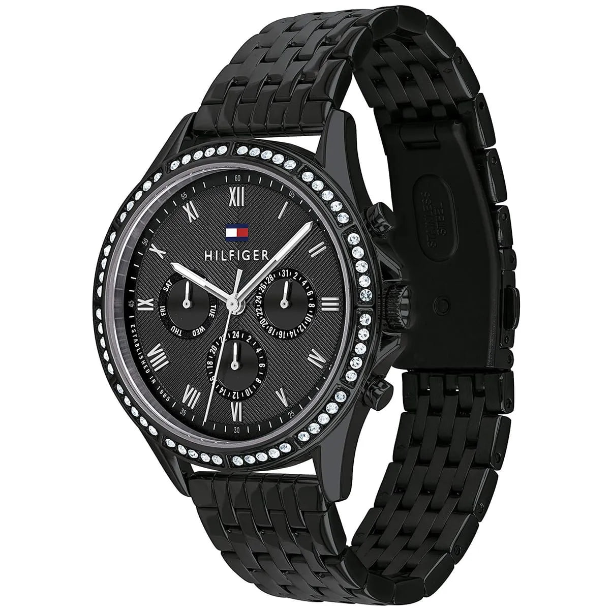 Tommy Hilfiger Ari watch at angle showing black metal bracelet strap and crystal-set bezel detail