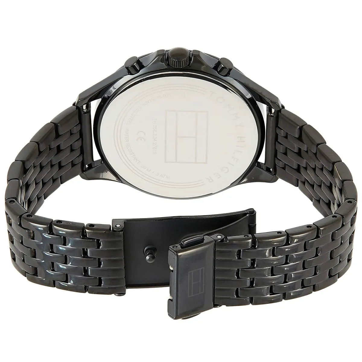 Tommy Hilfiger Ari watch caseback showing stainless steel back with brand logo engraved