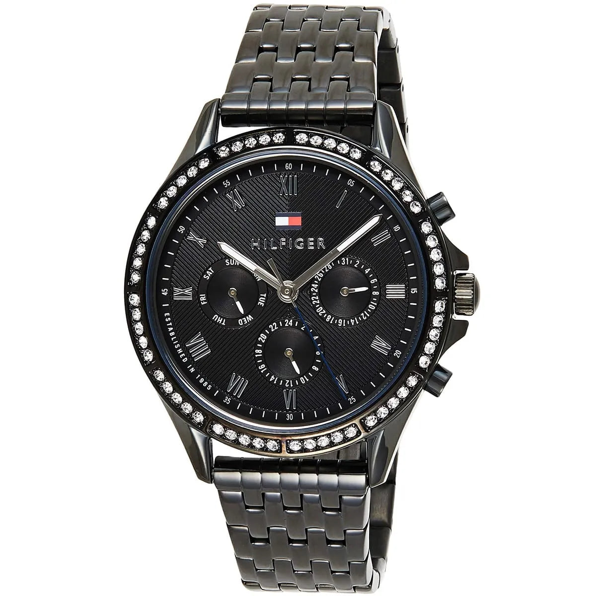 Tommy Hilfiger Ari women's chronograph watch with steel bracelet and crystal bezel on black dial