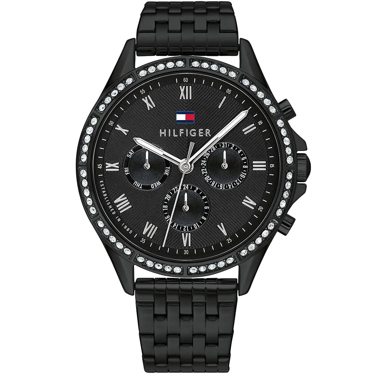 Tommy Hilfiger Ari women's watch with black dial, Roman numerals, crystal bezel, and black stainless steel strap