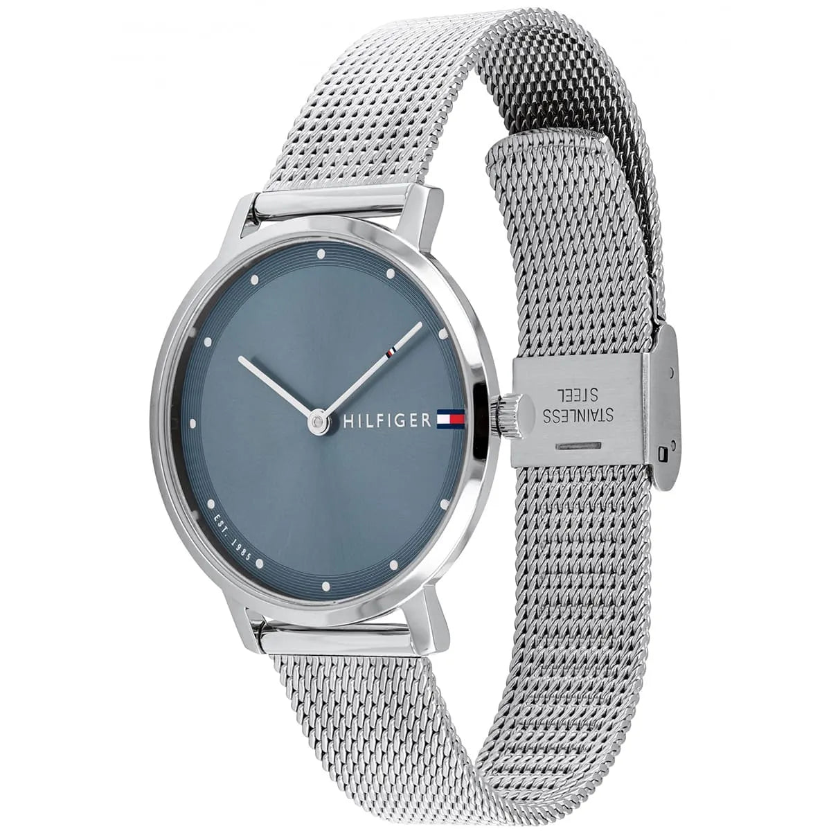 Tommy Hilfiger Pippa watch at angle showing blue dial and silver mesh band