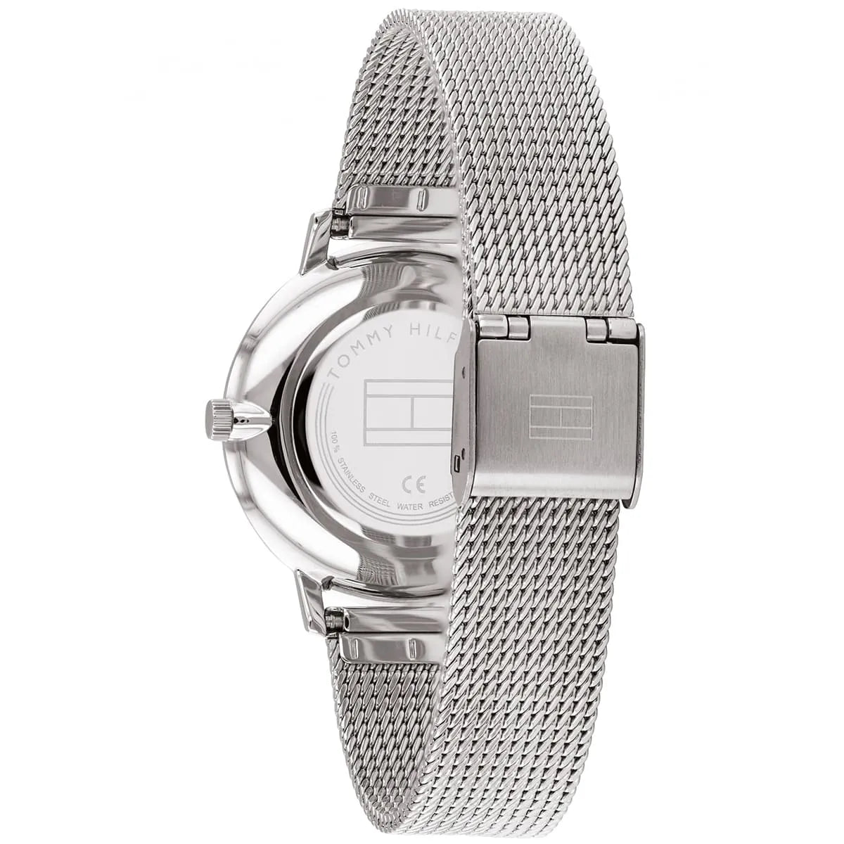 Tommy Hilfiger Pippa watch caseback showing stainless steel and bracelet clasp