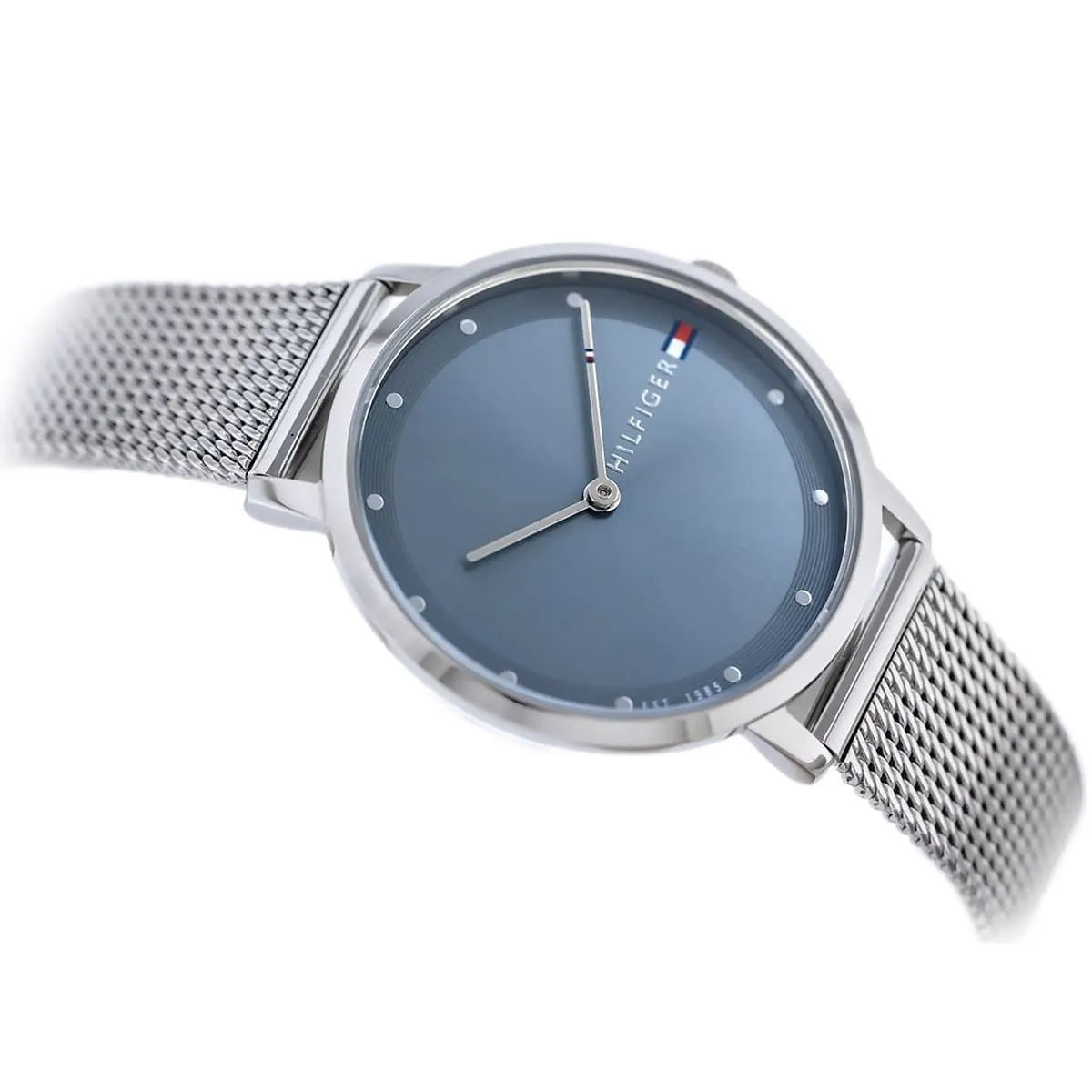 Tommy Hilfiger Pippa watch side view with mesh bracelet and blue dial visible
