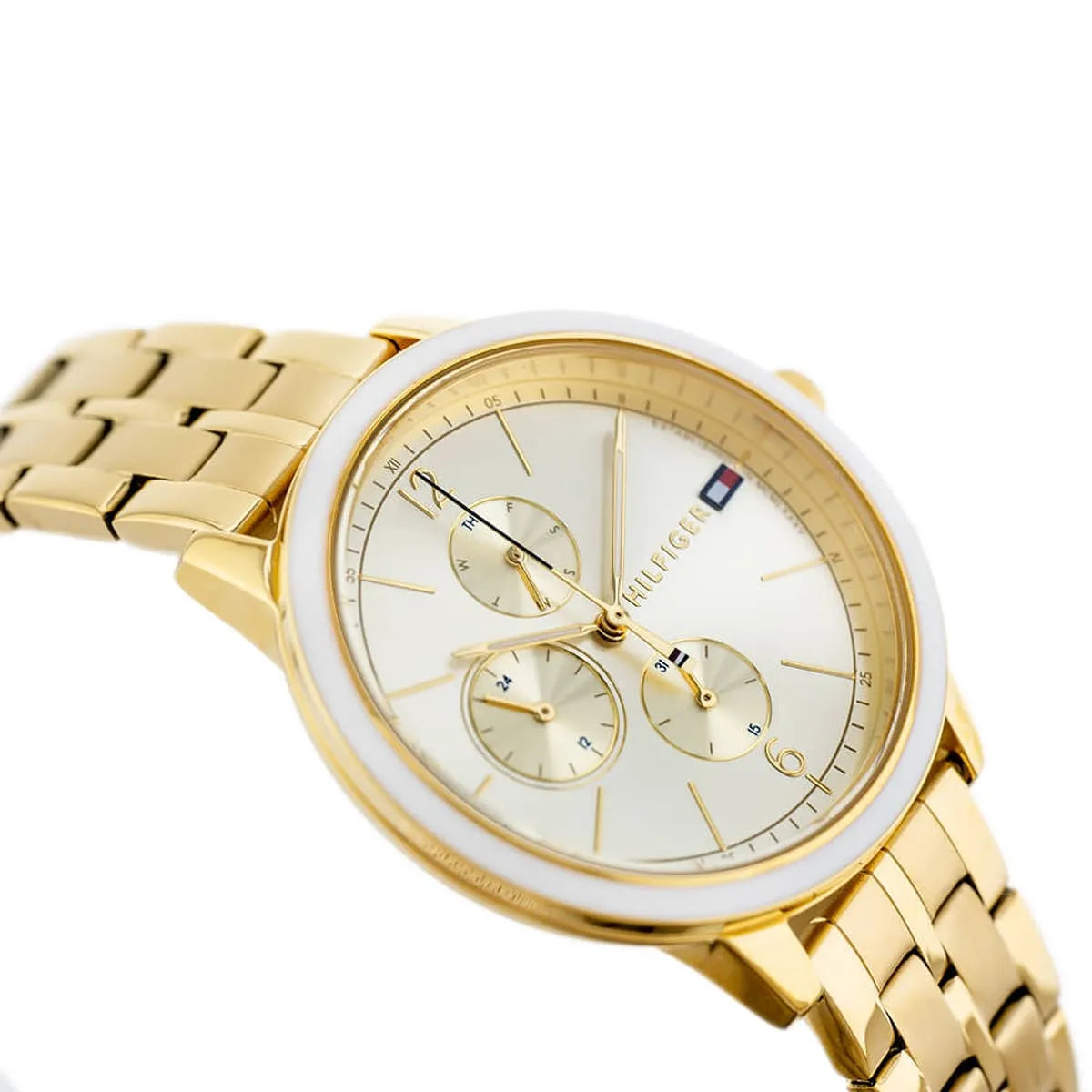 Side angle view of Tommy Hilfiger Madison watch showing gold dial and gold steel strap