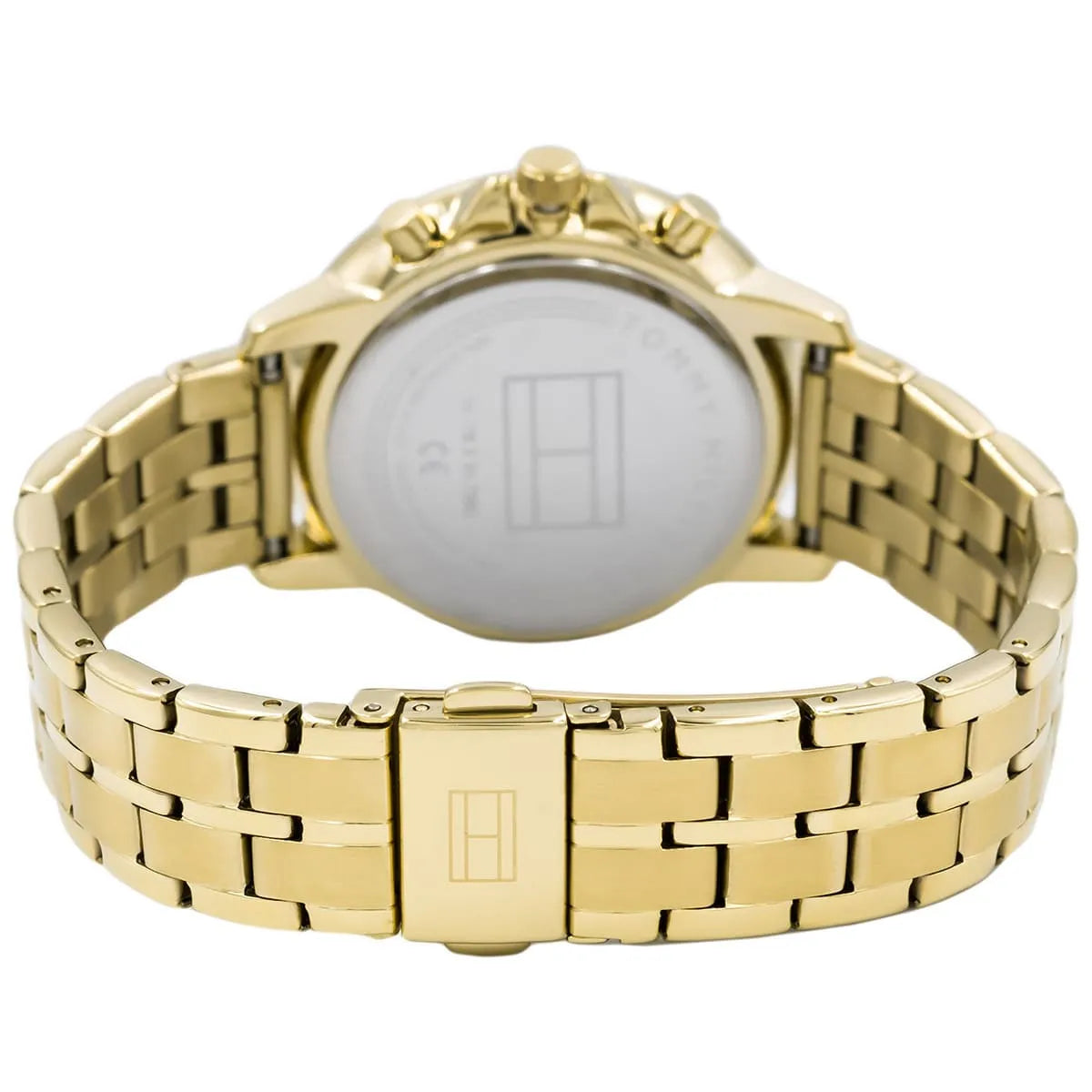 Back view of Tommy Hilfiger Madison watch displaying gold steel bracelet and case back