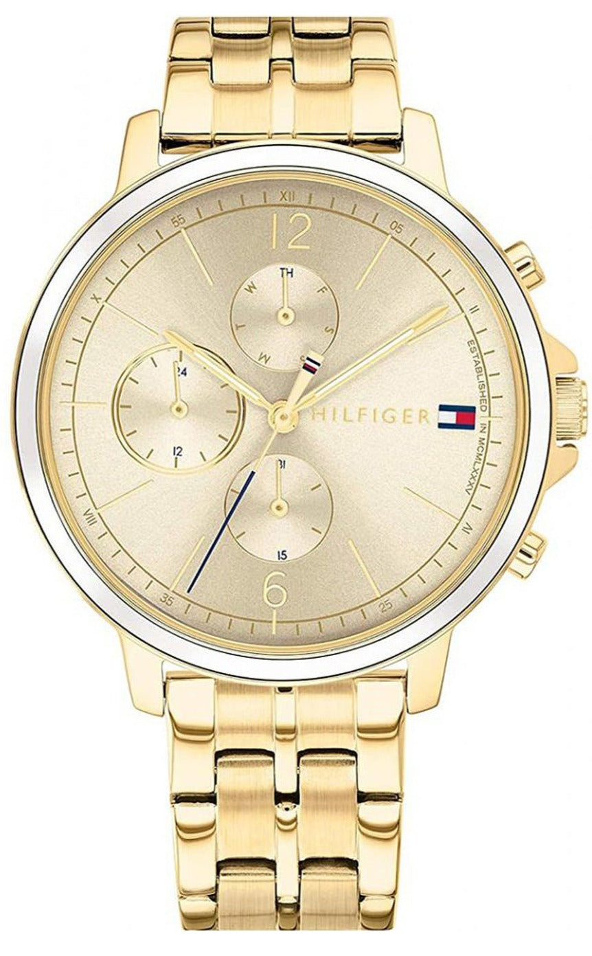 Tommy Hilfiger Madison women's watch with gold dial, chronograph subdials, and gold stainless steel bracelet