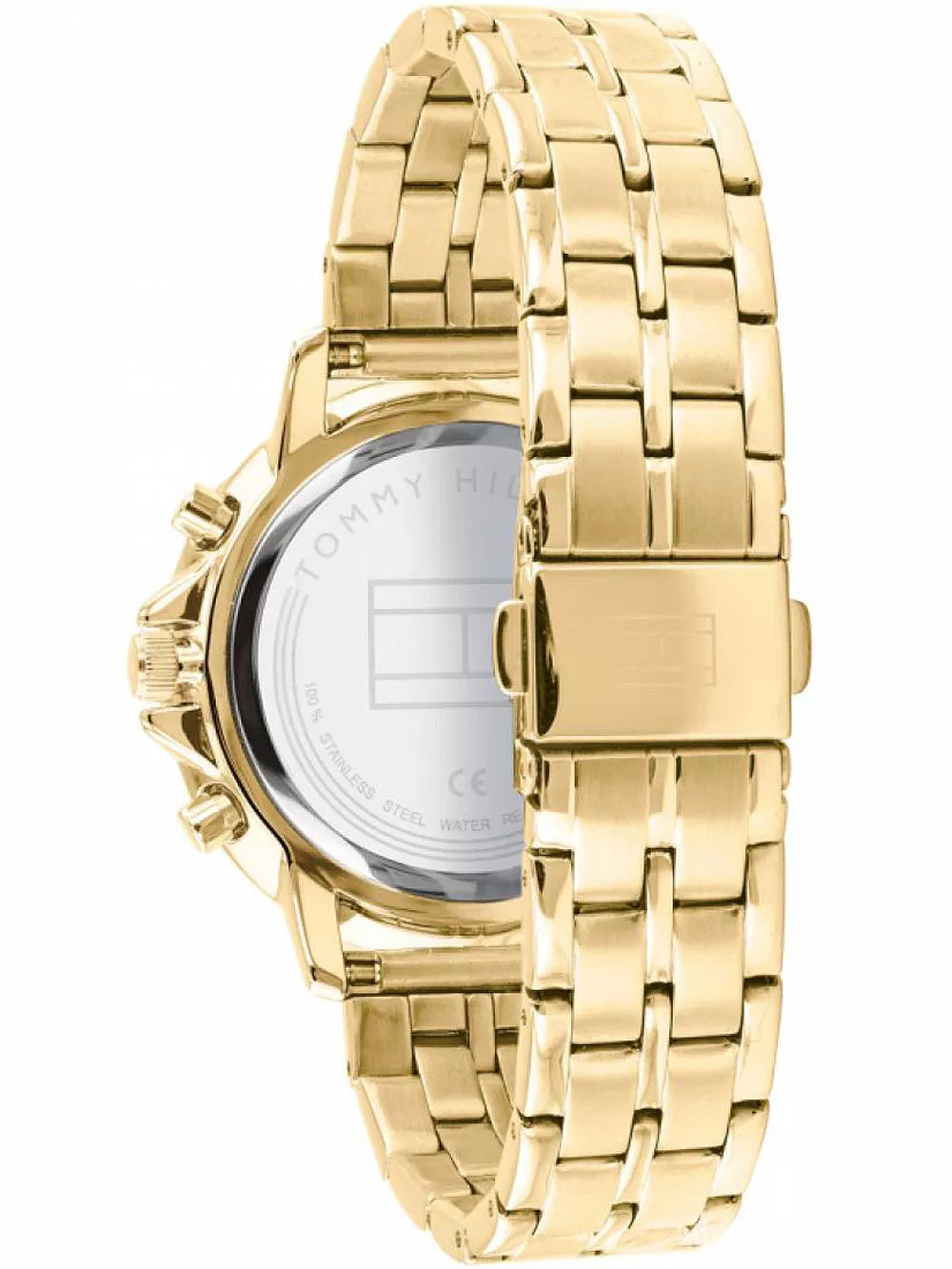 Side profile of Tommy Hilfiger Madison watch with gold strap links and chronograph pushers