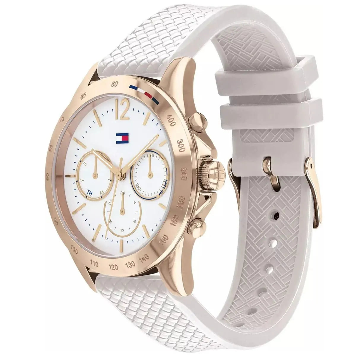 Tommy Hilfiger Haven watch angled view showing rose gold case and white silicone strap