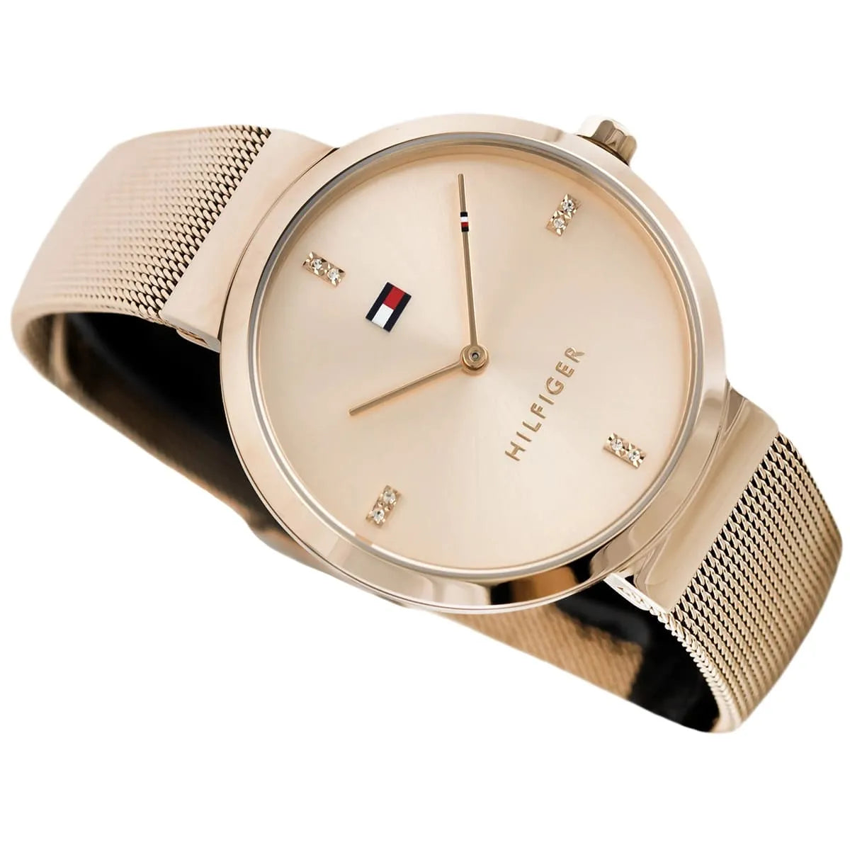Tommy Hilfiger rose gold watch three-quarter view with crystal markers