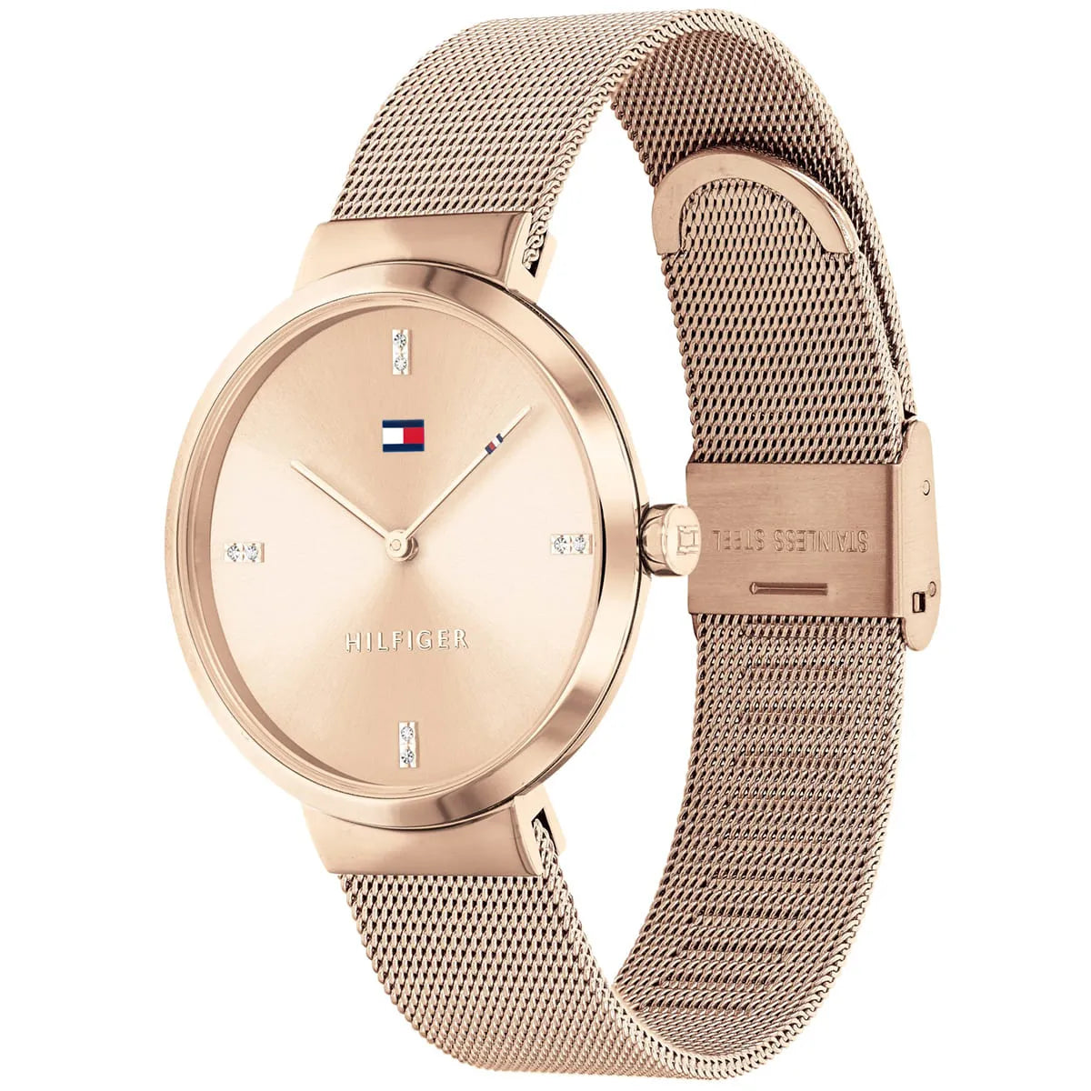 Tommy Hilfiger rose gold watch angled view showing dial and mesh band
