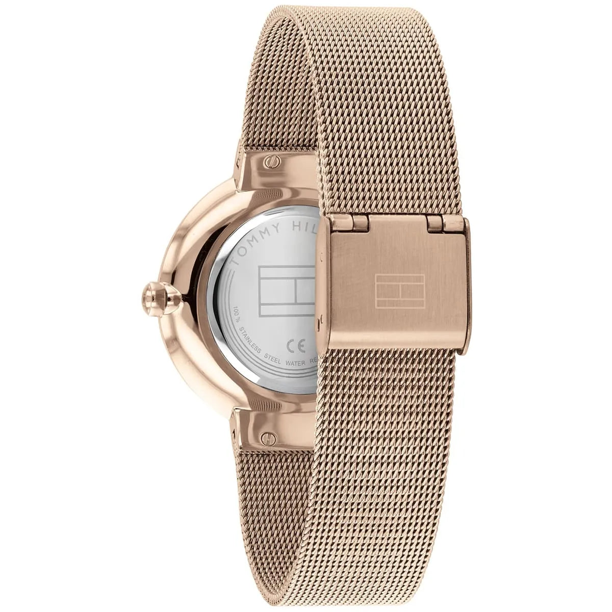 Tommy Hilfiger watch case back with stainless steel mesh strap detail