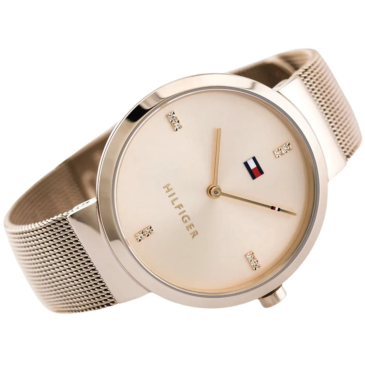 Tommy Hilfiger rose gold women's watch side view with mesh bracelet