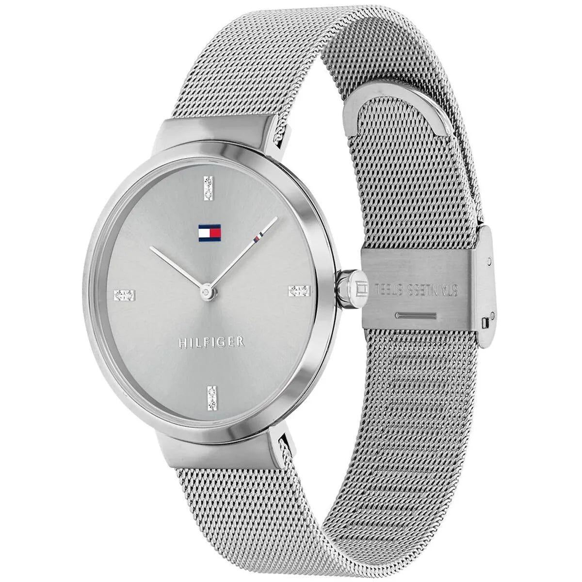 Three-quarter view of Tommy Hilfiger Liberty watch with mesh metal strap