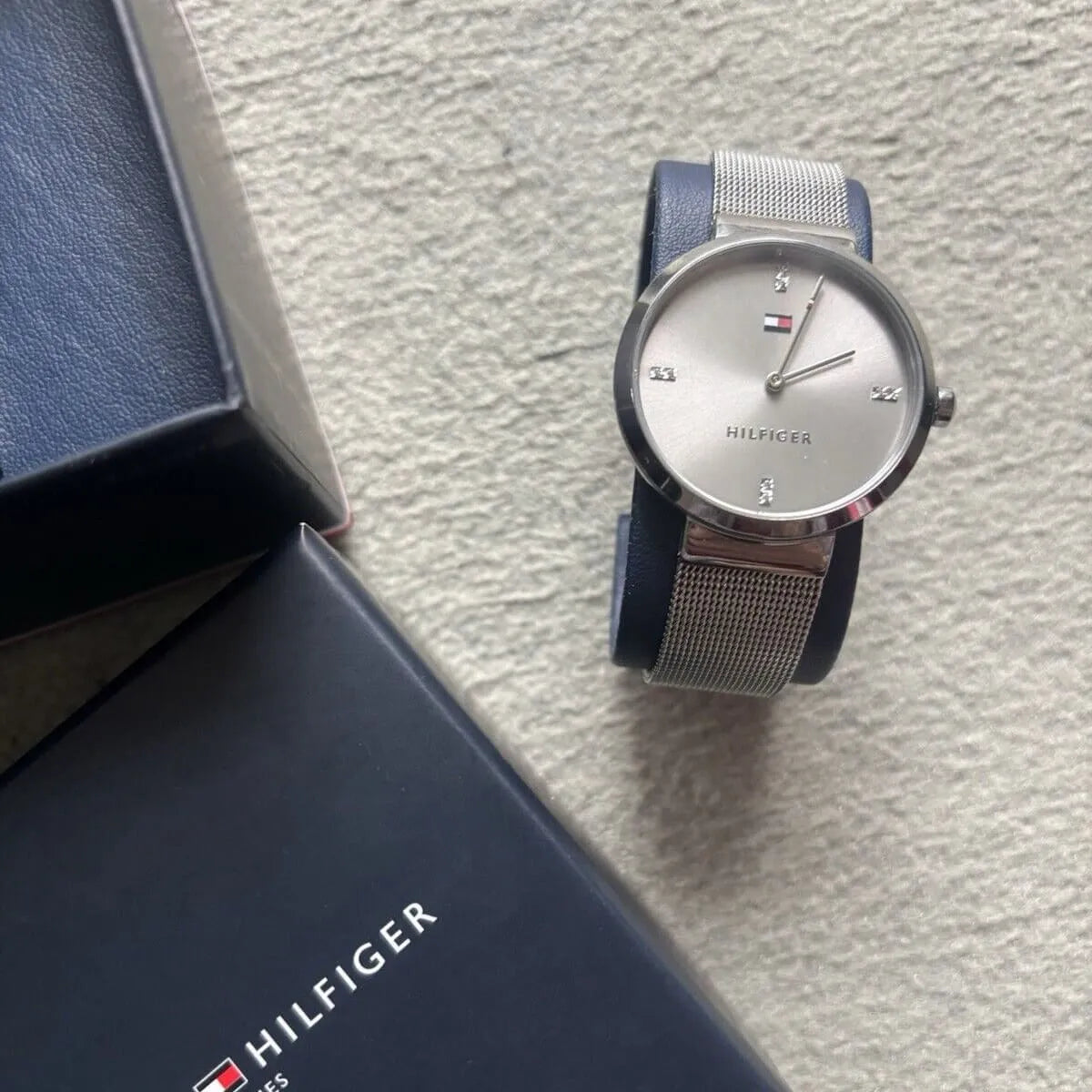 Tommy Hilfiger Liberty ladies watch on wrist showing grey dial and index markers