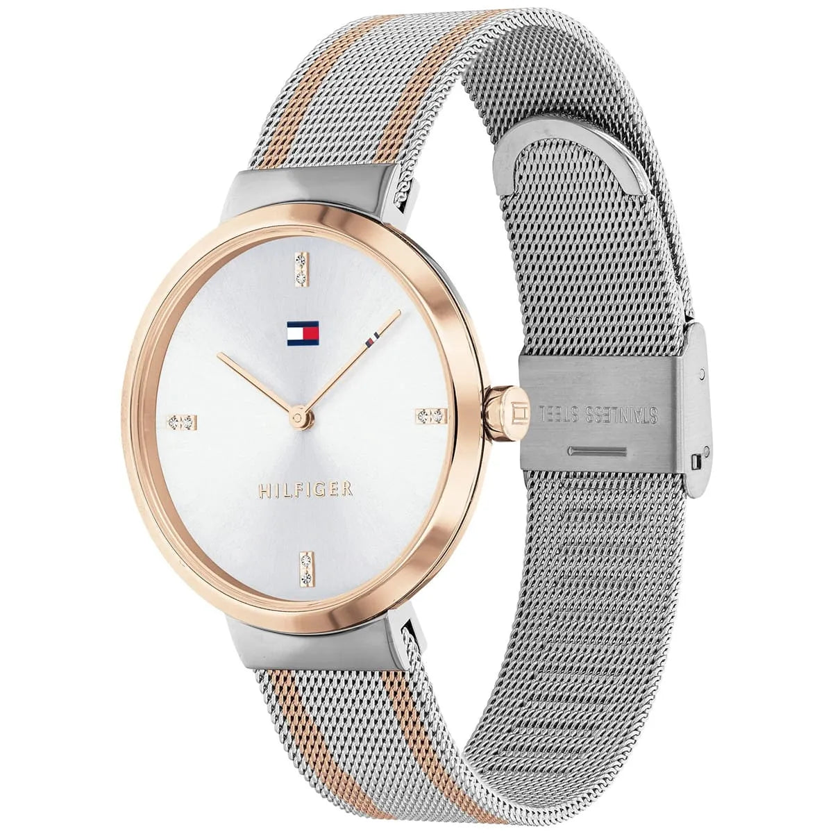 Tommy Hilfiger Liberty watch shown at angle with two-tone mesh bracelet and rose gold case