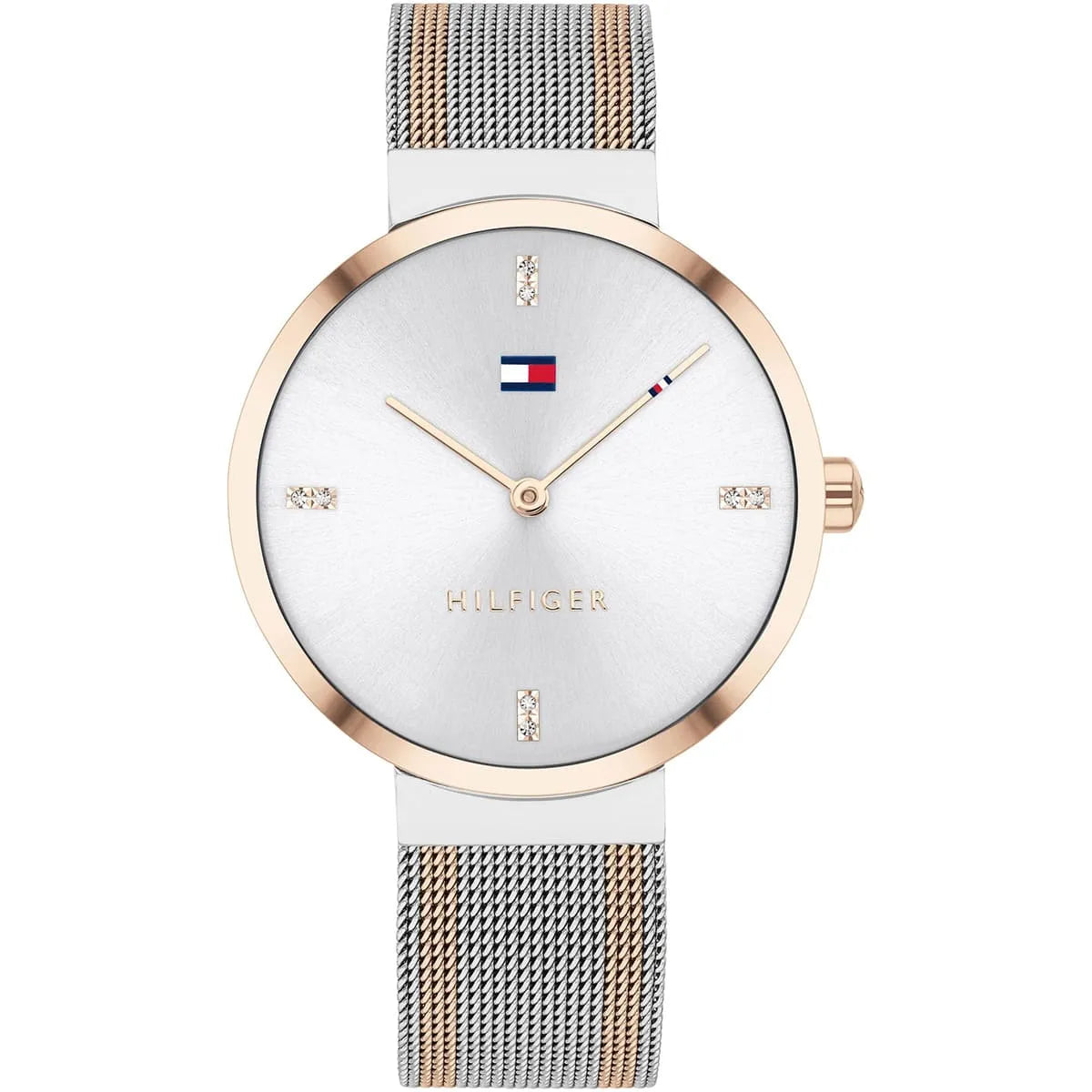 Tommy Hilfiger Liberty women's watch with white dial, rose gold and silver mesh strap, crystal hour markers
