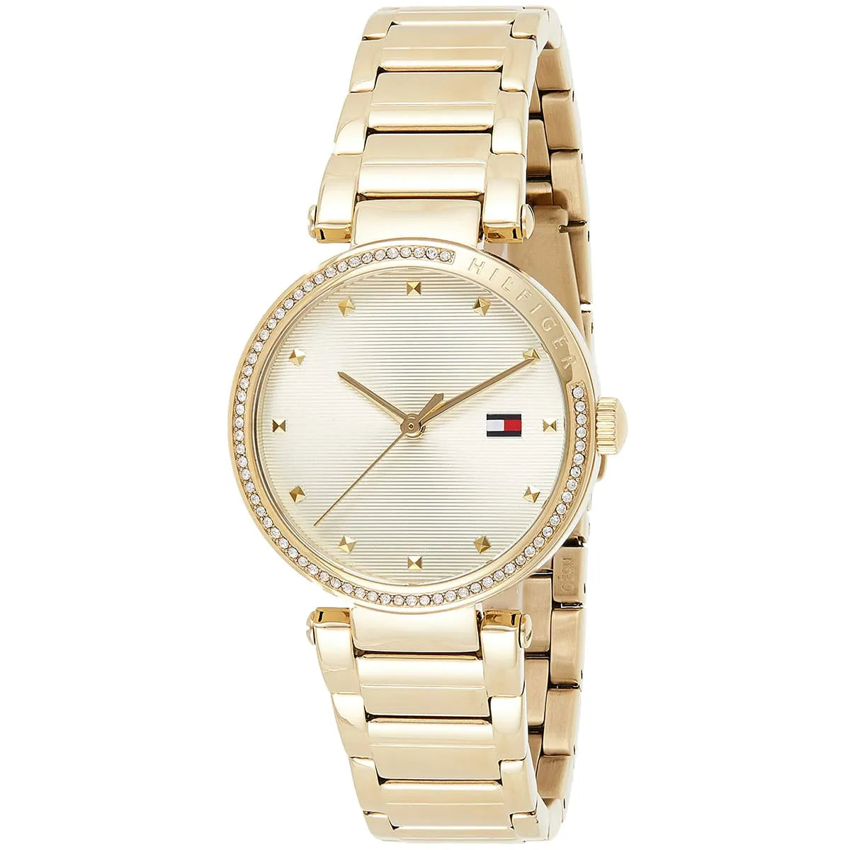 Tommy Hilfiger Lynn gold watch angled view showing dial and bracelet