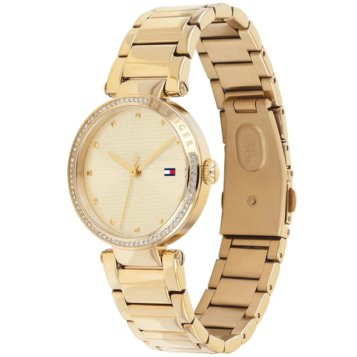Tommy Hilfiger Lynn gold watch side view of bracelet and case
