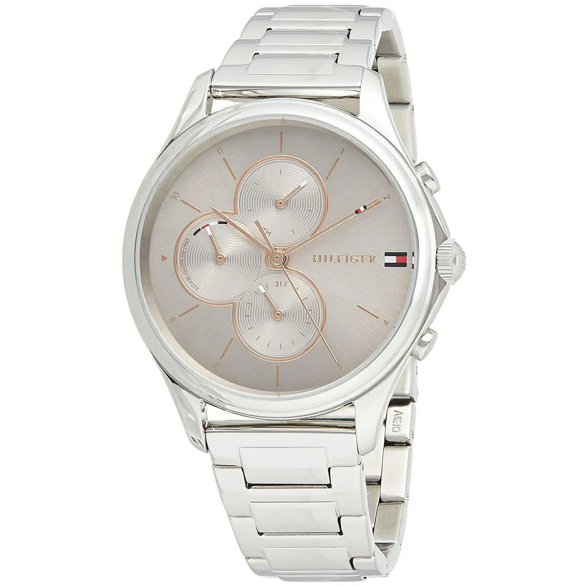 Tommy Hilfiger Skylar watch at angle displaying dial design with chronograph subdials and metal bracelet
