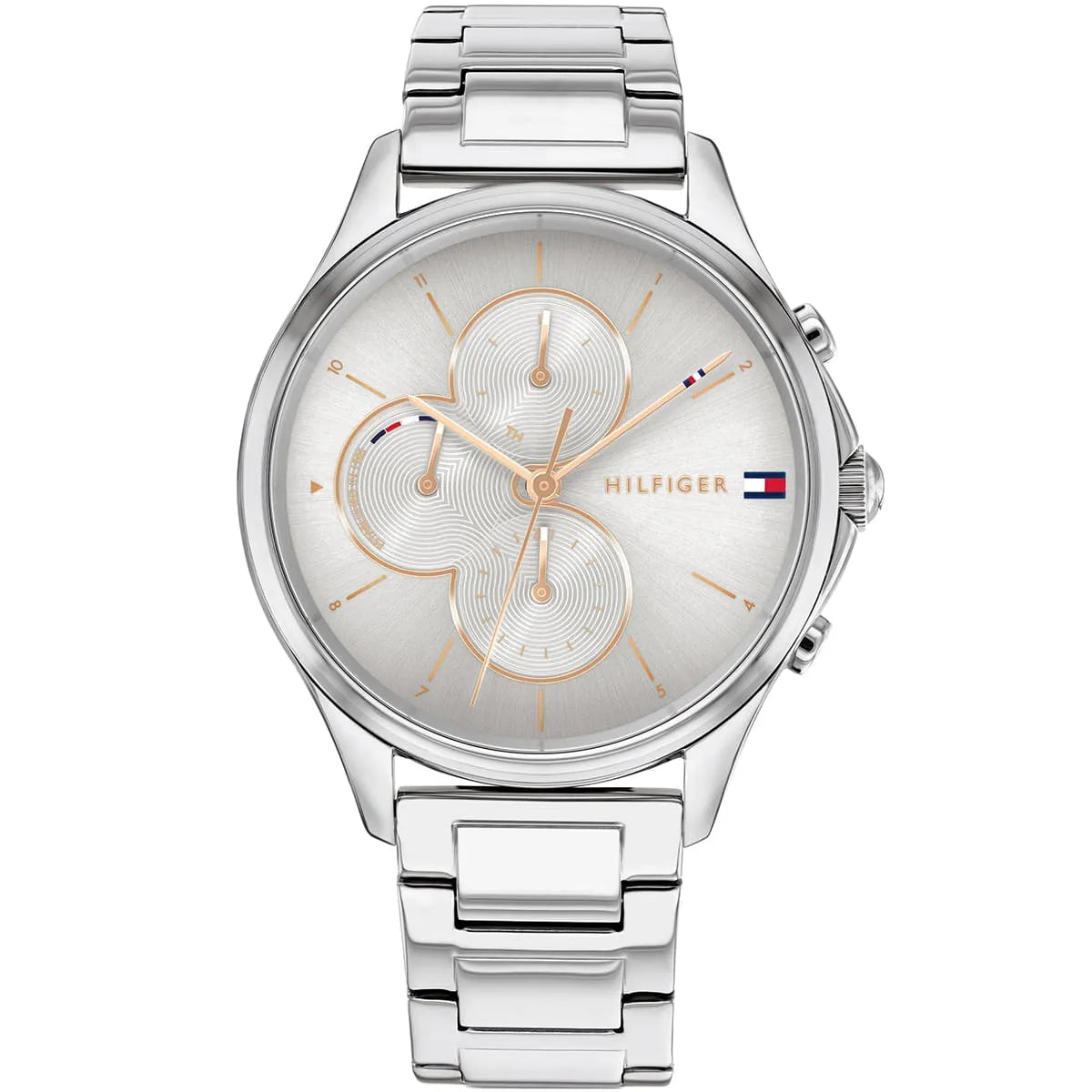 Tommy Hilfiger Skylar watch with silver dial, rose gold chronograph subdials, and stainless steel bracelet