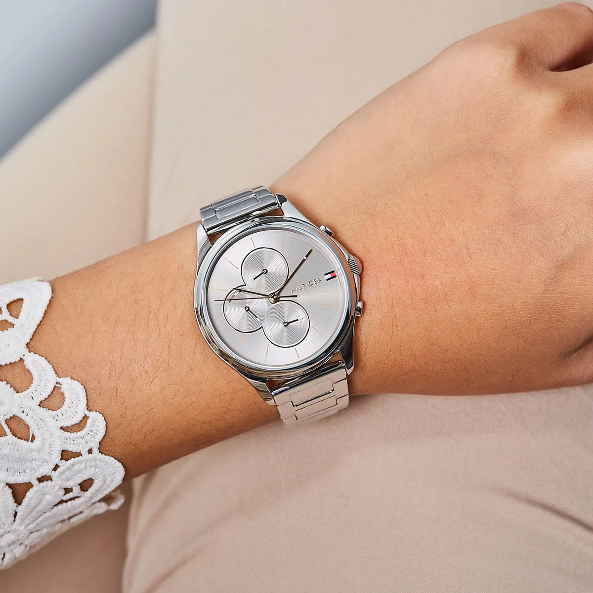 Tommy Hilfiger Skylar watch worn on wrist showing silver dial and bracelet sizing