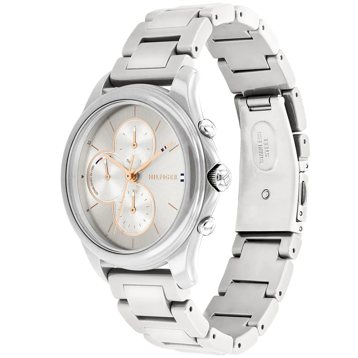 Tommy Hilfiger Skylar watch side view showing stainless steel case profile and bracelet links
