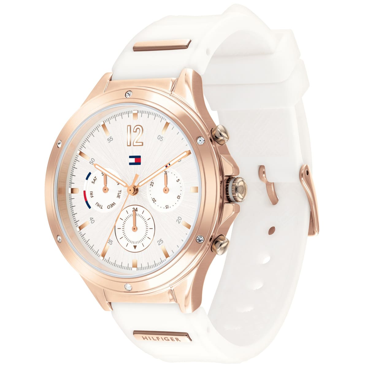 Side angle view of Tommy Hilfiger 38mm chronograph watch with white strap and rose gold case