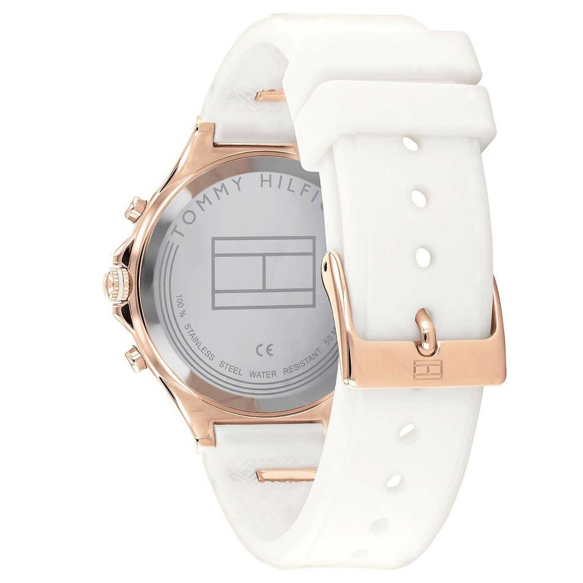 Caseback view of Tommy Hilfiger watch showing white silicone strap and water resistance marking