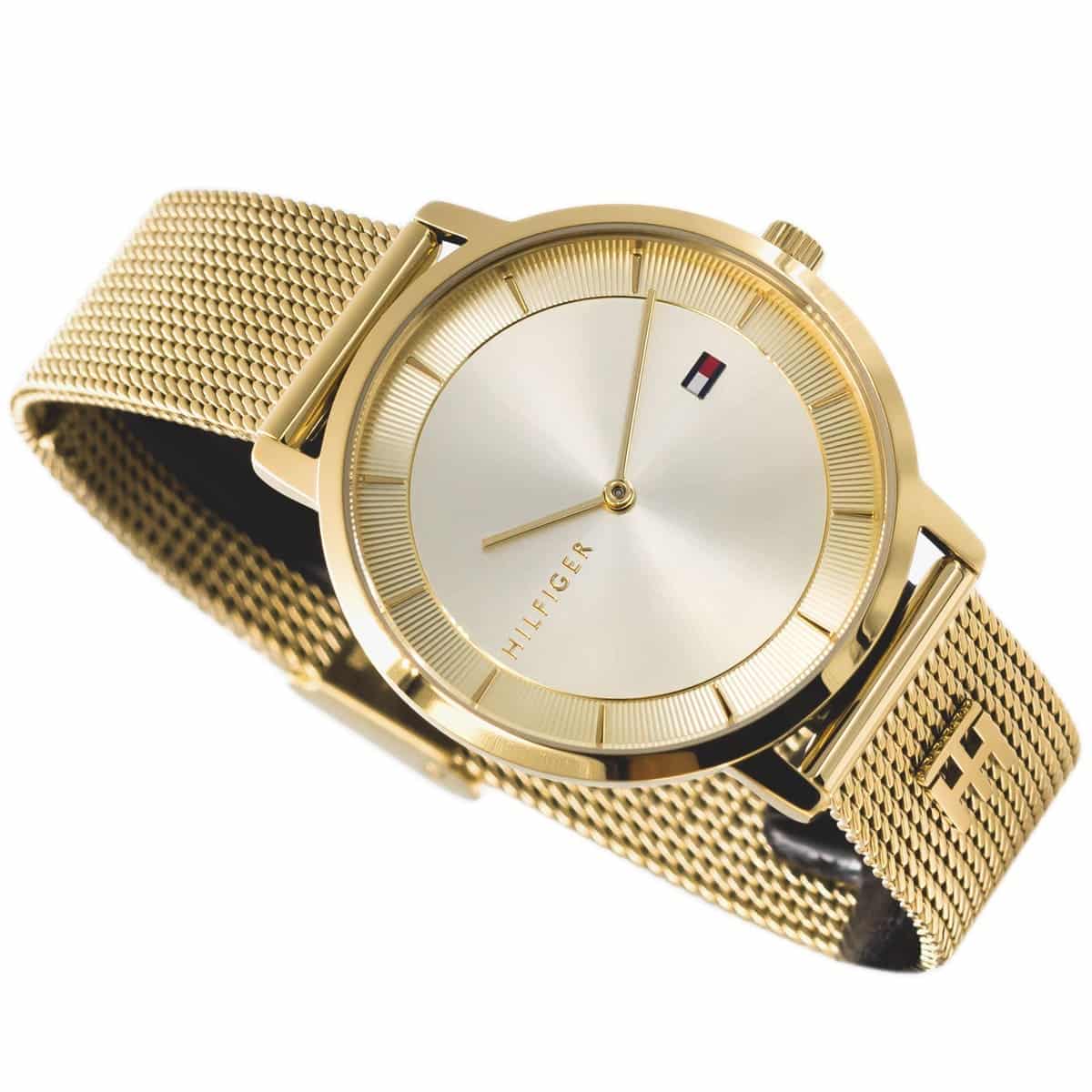 Tommy Hilfiger 1782286 watch side view with mesh band and cream dial face