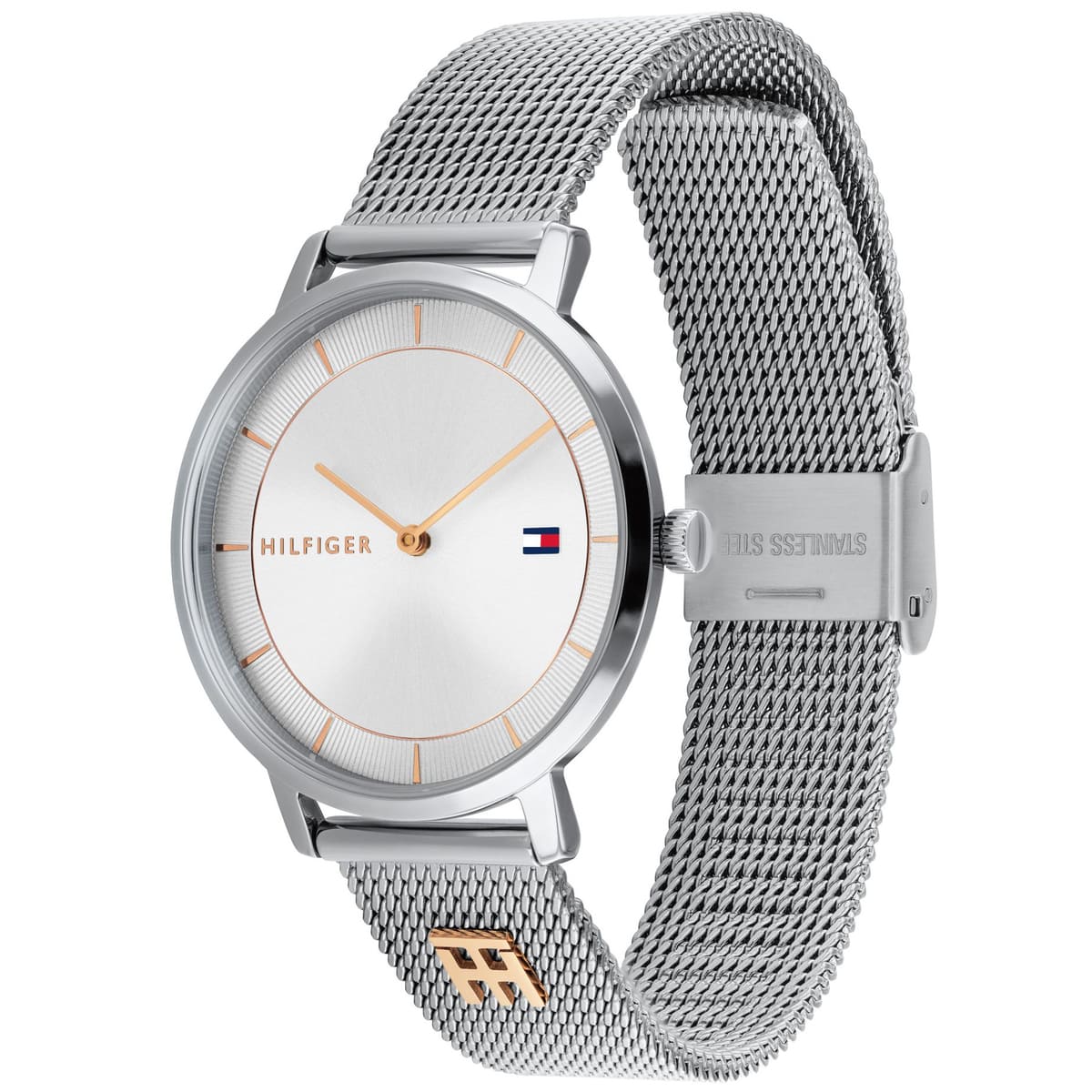 Tommy Hilfiger TEA watch with silver dial at angle showing mesh strap detail